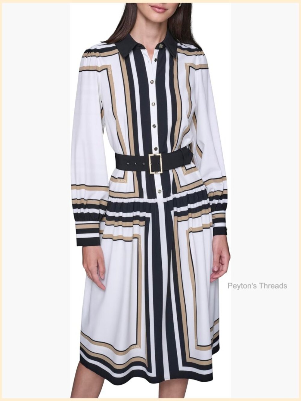 Collared Printed Silky Crepe Belted Midi Dress - Women's Casual Dress